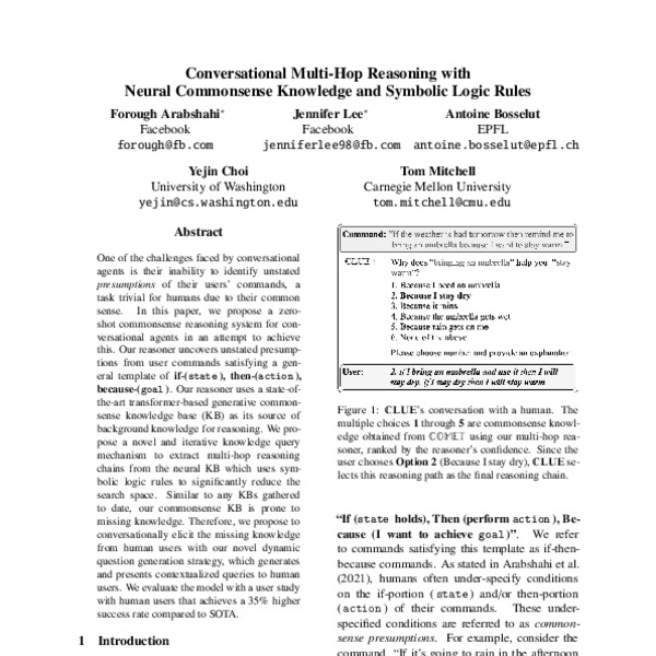 Conversational Multi Hop Reasoning With Neural Commonsense Knowledge