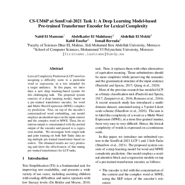 CS UM6P At SemEval 2021 Task 1 A Deep Learning Model Based Pre Trained