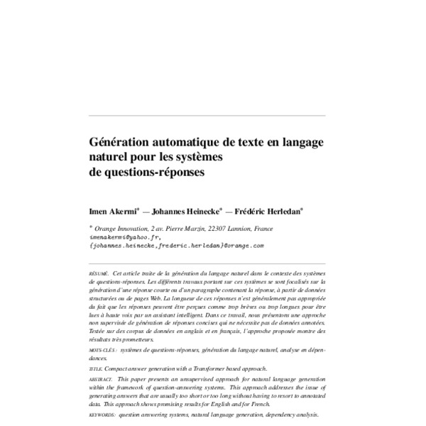 G N Ration Automatique De Texte En Langage Naturel Pour Les Syst Mes De