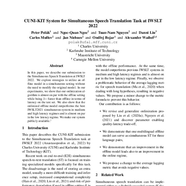 Cuni Kit System For Simultaneous Speech Translation Task At Iwslt