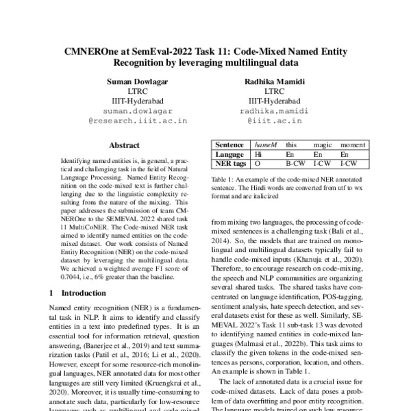 Cmnerone At Semeval Task Code Mixed Named Entity Recognition