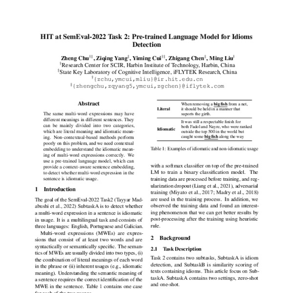 Hit At Semeval Task Pre Trained Language Model For Idioms