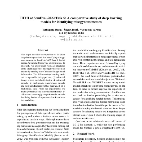 IIITH At SemEval 2022 Task 5 A Comparative Study Of Deep Learning