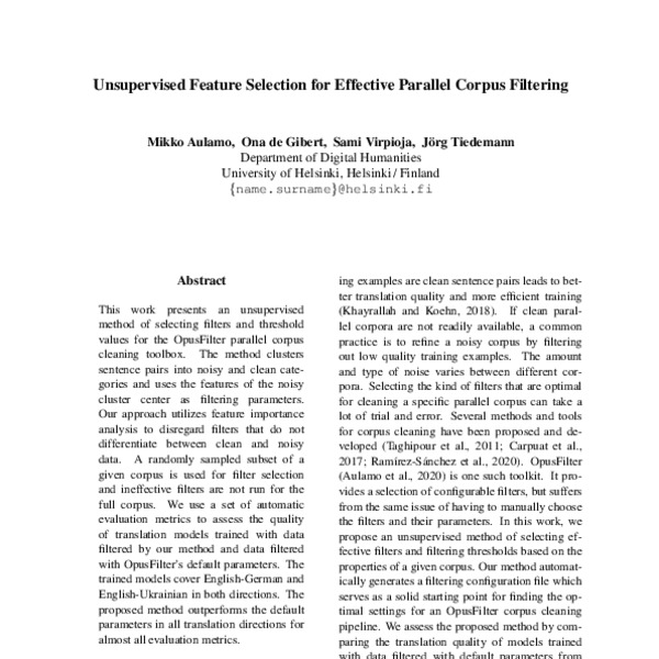 Unsupervised Feature Selection For Effective Parallel Corpus Filtering