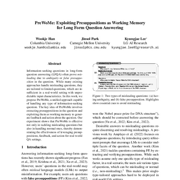 Prewome Exploiting Presuppositions As Working Memory For Long Form