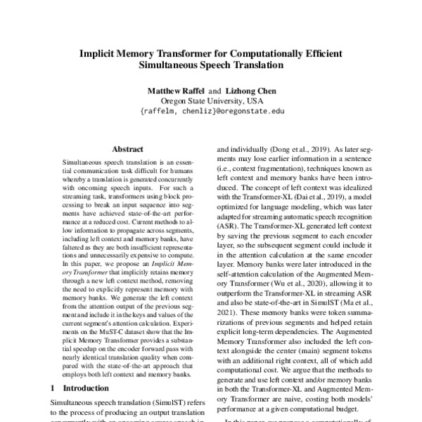 Implicit Memory Transformer For Computationally Efficient Simultaneous