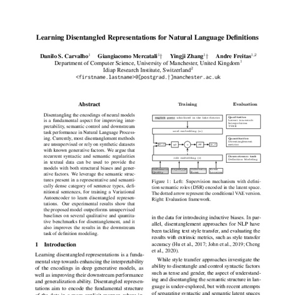 Learning Disentangled Representations For Natural Language Definitions