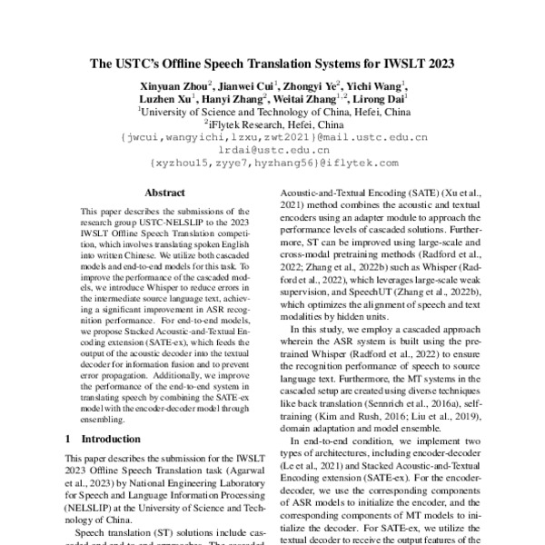 Submission Of Ustcs System For The Iwslt Offline Speech