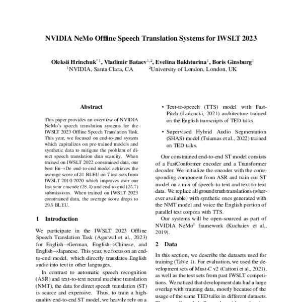 NVIDIA NeMo Offline Speech Translation Systems For IWSLT 2023 ACL