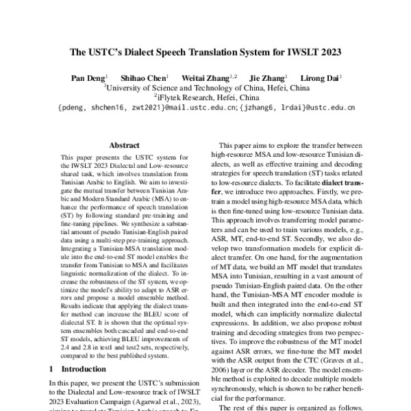 The Ustcs Dialect Speech Translation System For Iwslt Acl Anthology