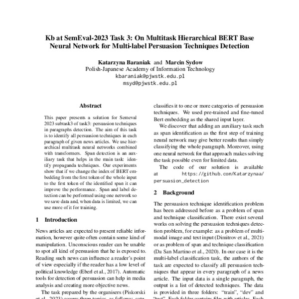 Kb At SemEval 2023 Task 3 On Multitask Hierarchical BERT Base Neural