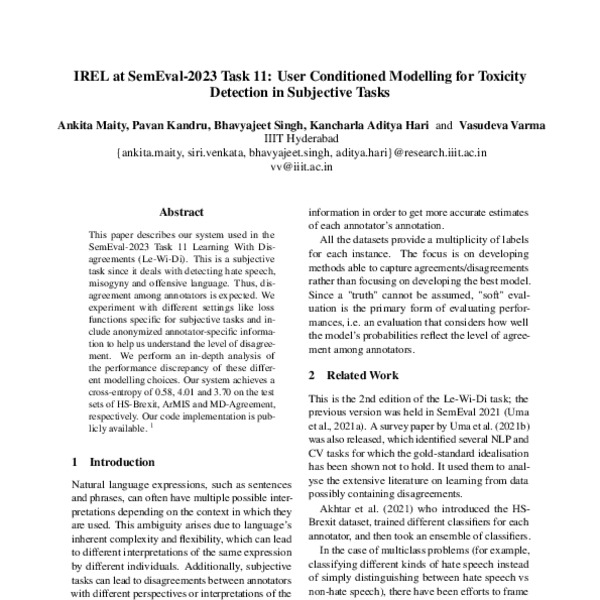 Irel At Semeval Task User Conditioned Modelling For Toxicity