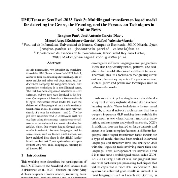 UMUTeam At SemEval 2023 Task 3 Multilingual Transformer Based Model