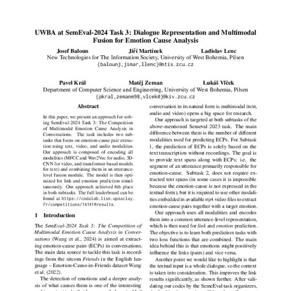 UWBA At SemEval 2024 Task 3 Dialogue Representation And Multimodal