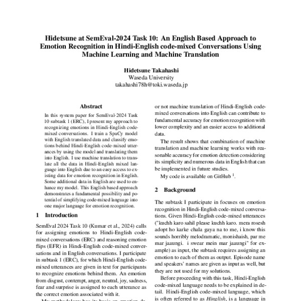 Hidetsune At Semeval Task An English Based Approach To Emotion