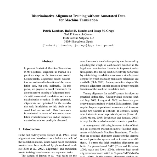 Discriminative Alignment Training Without Annotated Data For Machine