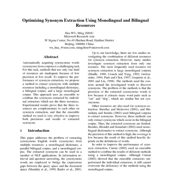 Optimizing Synonym Extraction Using Monolingual And Bilingual Resources