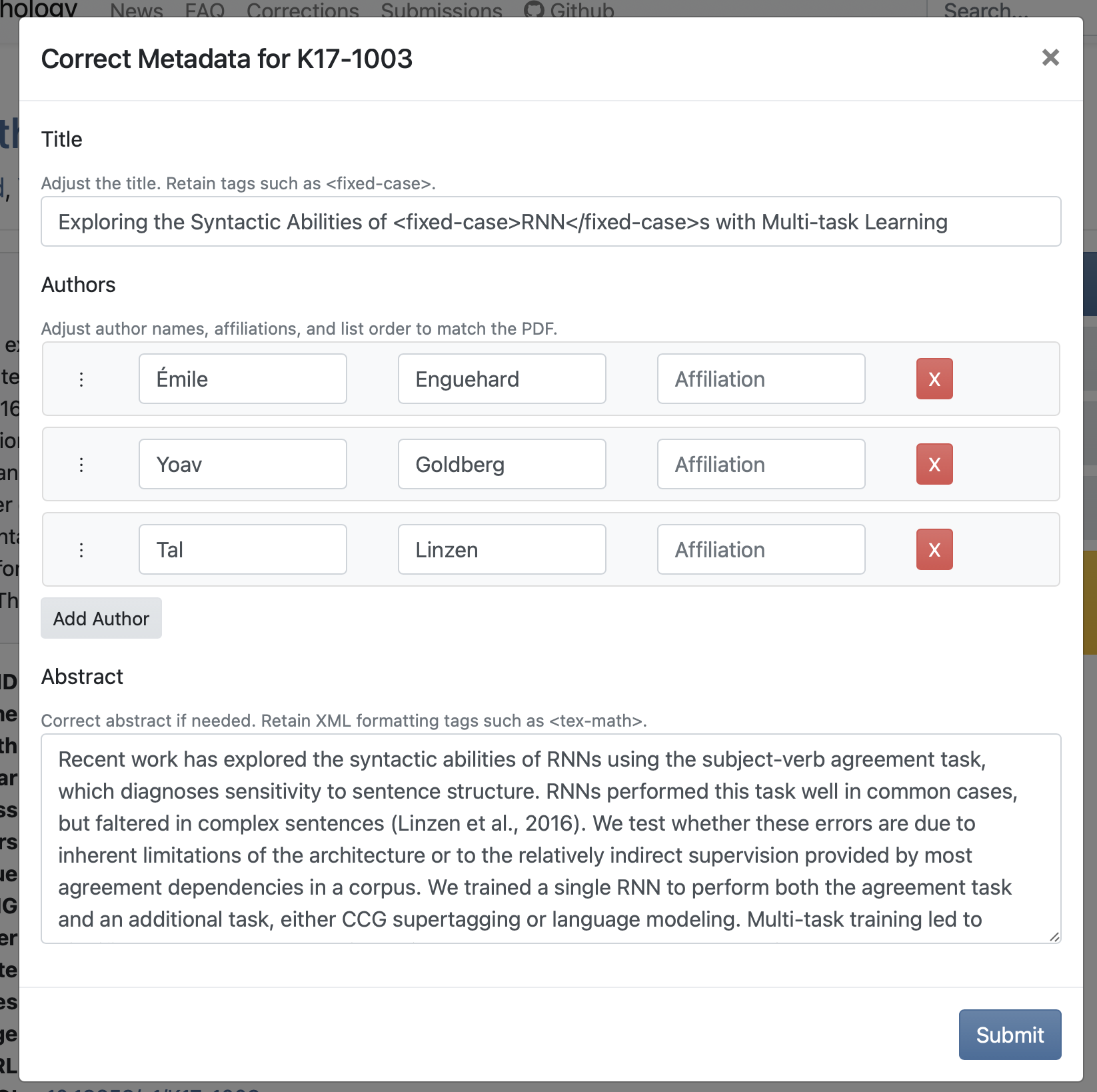 Metadata correction dialog