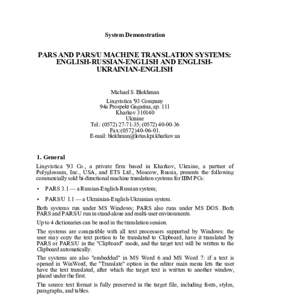 PARS and PARS/U machine translation systems: English-Russian-English ...