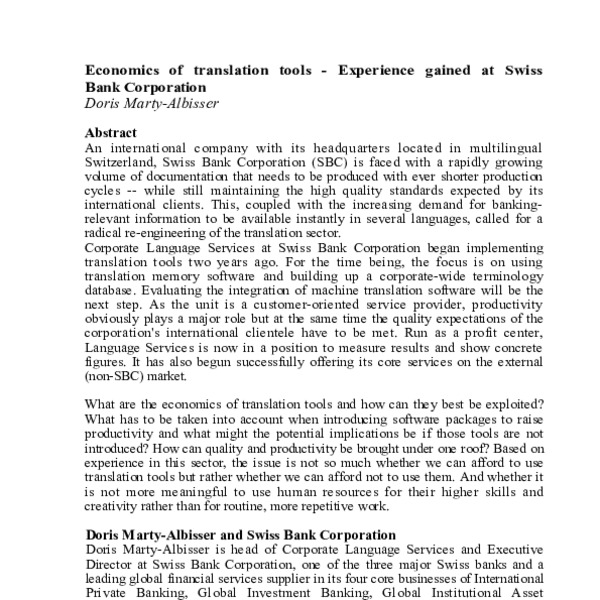 Economics of translation tools – Experience gained at Swiss Bank ...