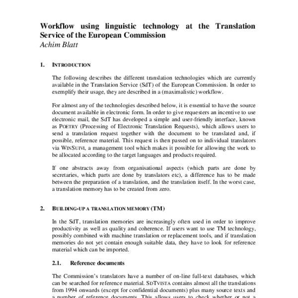 Workflow using linguistic technology at the Translation Service of the