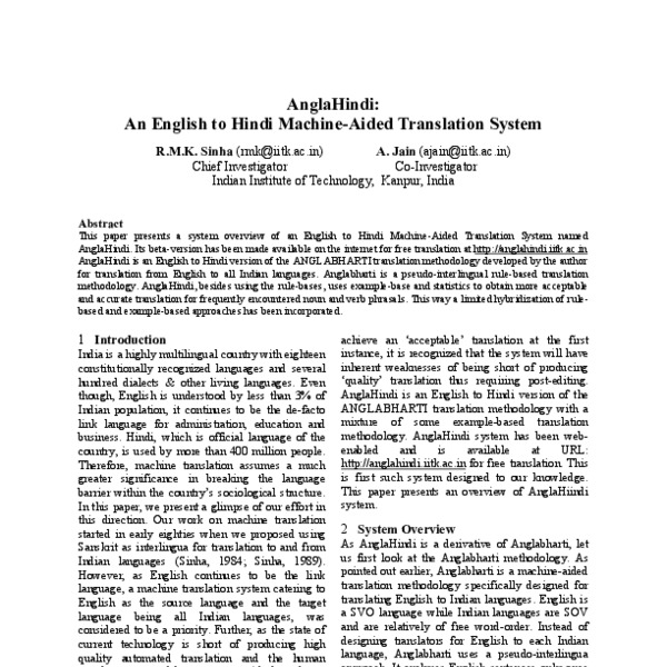 AnglaHindi: an English to Hindi machine-aided translation system - ACL ...