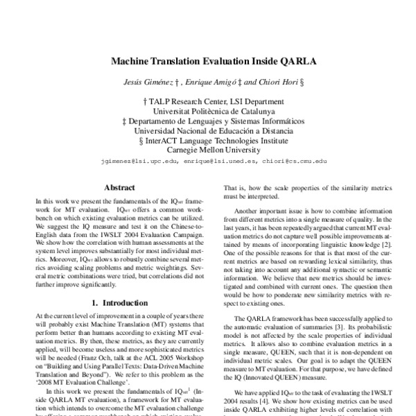 Machine Translation Evaluation Inside QARLA - ACL Anthology
