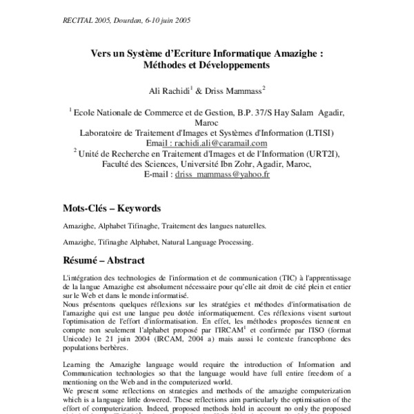 Vers un Système d’écriture Informatique Amazighe :Méthodes et ...