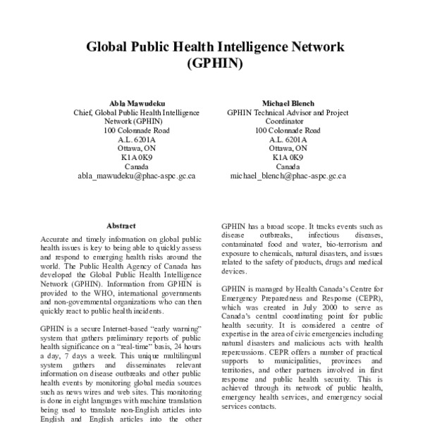 Global Public Health Intelligence Network (GPHIN) - ACL Anthology