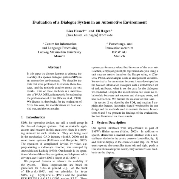 Evaluation of a Dialogue System in an Automotive Environment - ACL ...