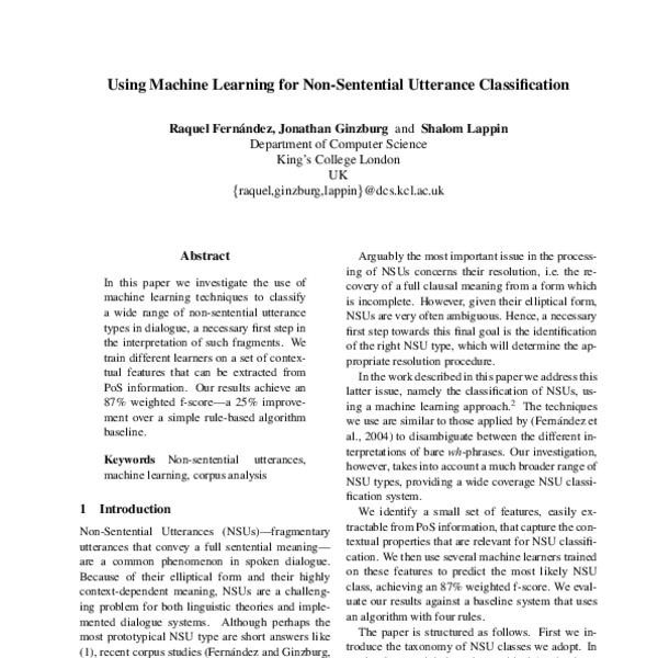 Using Machine Learning for Non-Sentential Utterance Classification ...