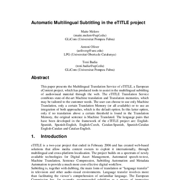 Automatic Multilingual Subtitling in the eTitle Project - ACL Anthology
