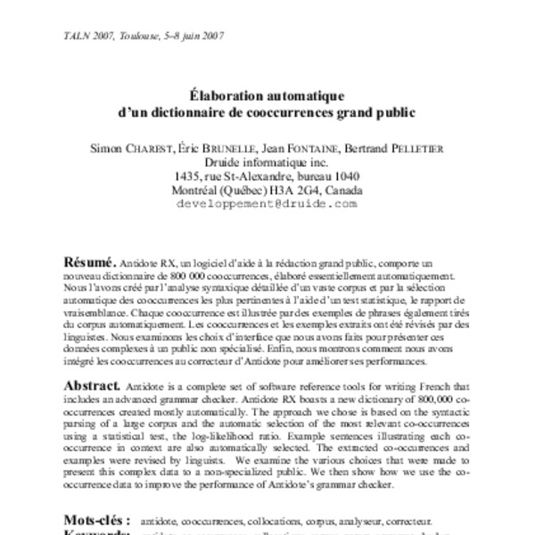 Élaboration automatique d’un dictionnaire de cooccurrences grand public ...