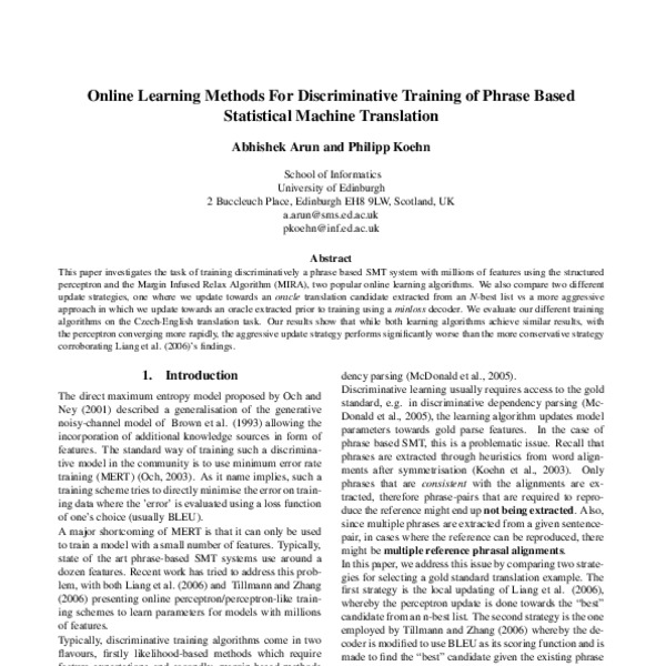 Online learning methods for discriminative training of phrase based ...