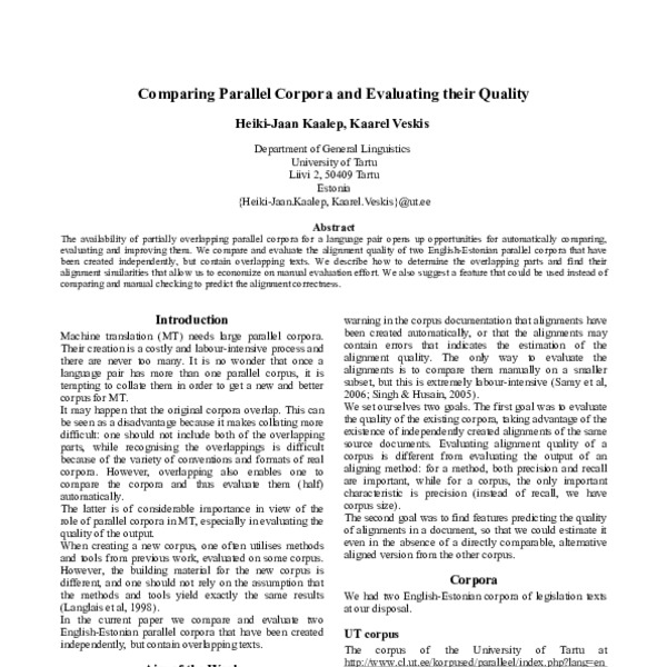 Comparing parallel corpora and evaluating their quality - ACL Anthology