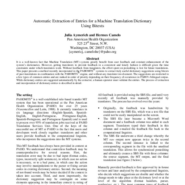 Automatic extraction of entries for a machine translation dictionary ...
