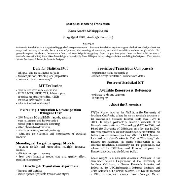 Statistical machine translation - ACL Anthology