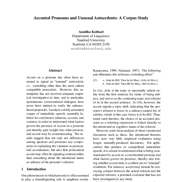 Accented Pronouns and Unusual Antecedents: A Corpus Study - ACL Anthology
