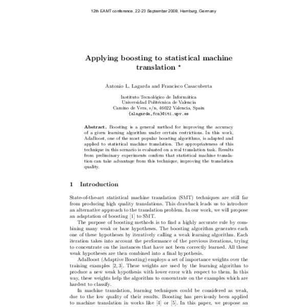 Applying boosting to statistical machine translation - ACL Anthology