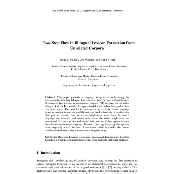 Two-step flow in bilingual lexicon extraction from unrelated corpora ...
