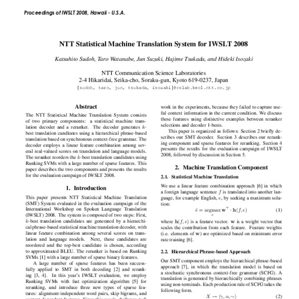 NTT statistical machine translation system for IWSLT 2008. - ACL Anthology
