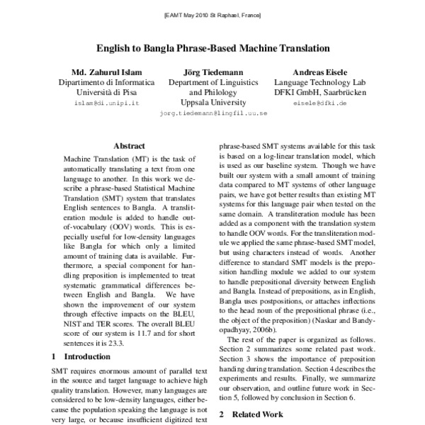 English to Bangla Phrase-Based Machine Translation - ACL Anthology