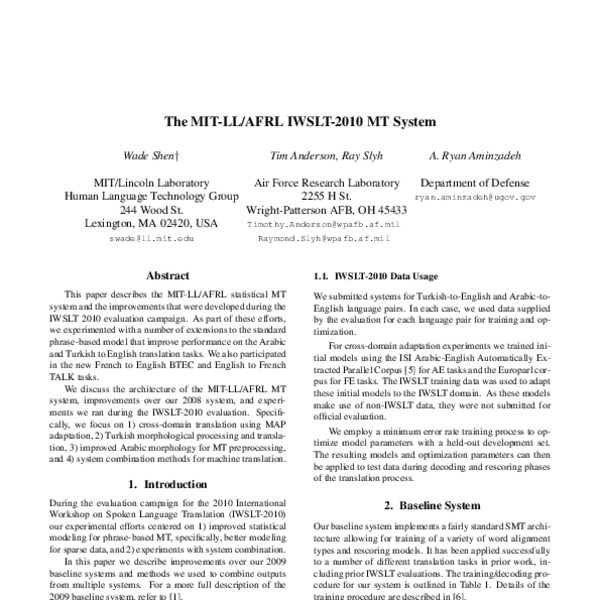 The MIT-LL/AFRL IWSLT-2010 MT system - ACL Anthology
