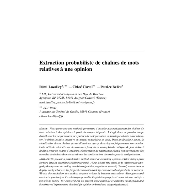 Extraction probabiliste de chaînes de mots relatives à une opinion [A ...