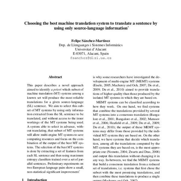 Choosing the best machine translation system to translate a sentence by ...