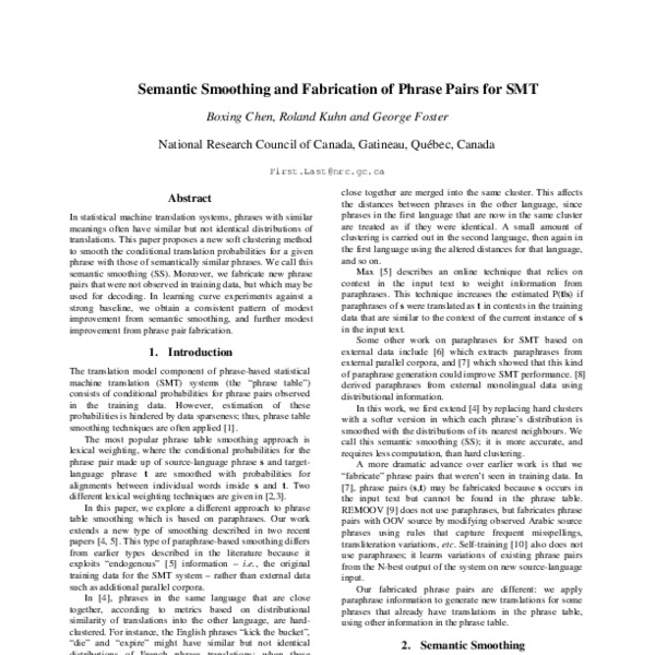Semantic smoothing and fabrication of phrase pairs for SMT - ACL Anthology