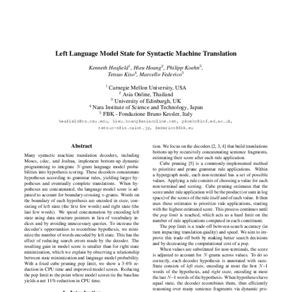 Left language model state for syntactic machine translation - ACL Anthology