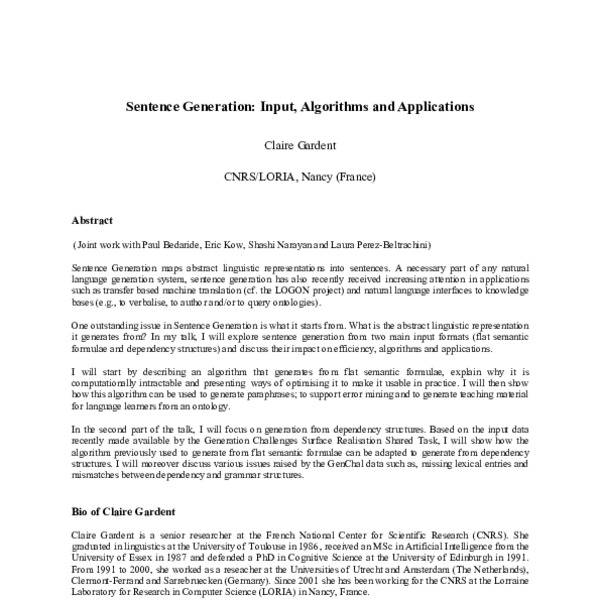 Génération de phrase entrée, algorithmes et applications (Sentence