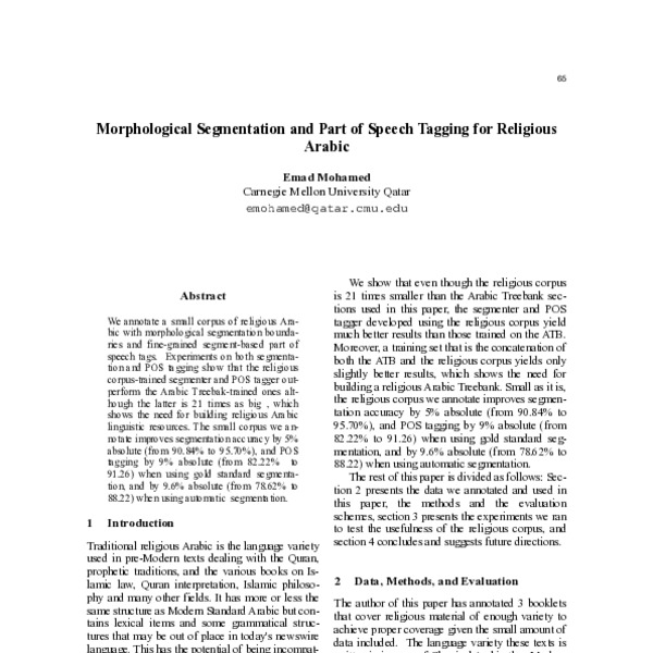 Morphological Segmentation and Part of Speech Tagging for Religious ...