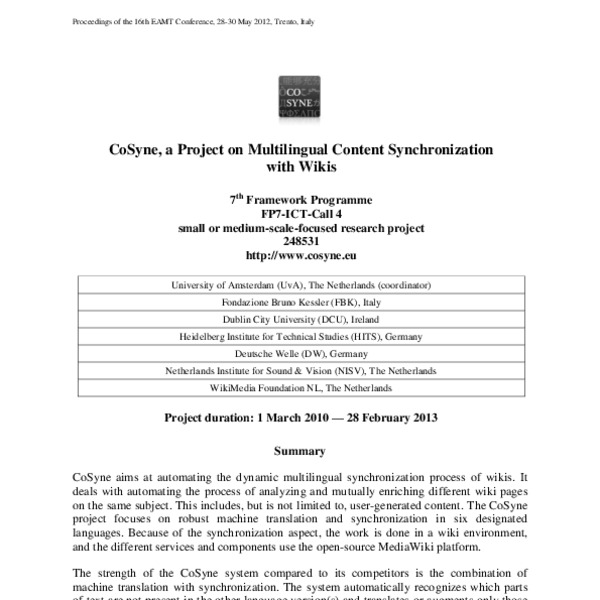 CoSyne - a Project on Multilingual Content Synchronization with Wikis ...